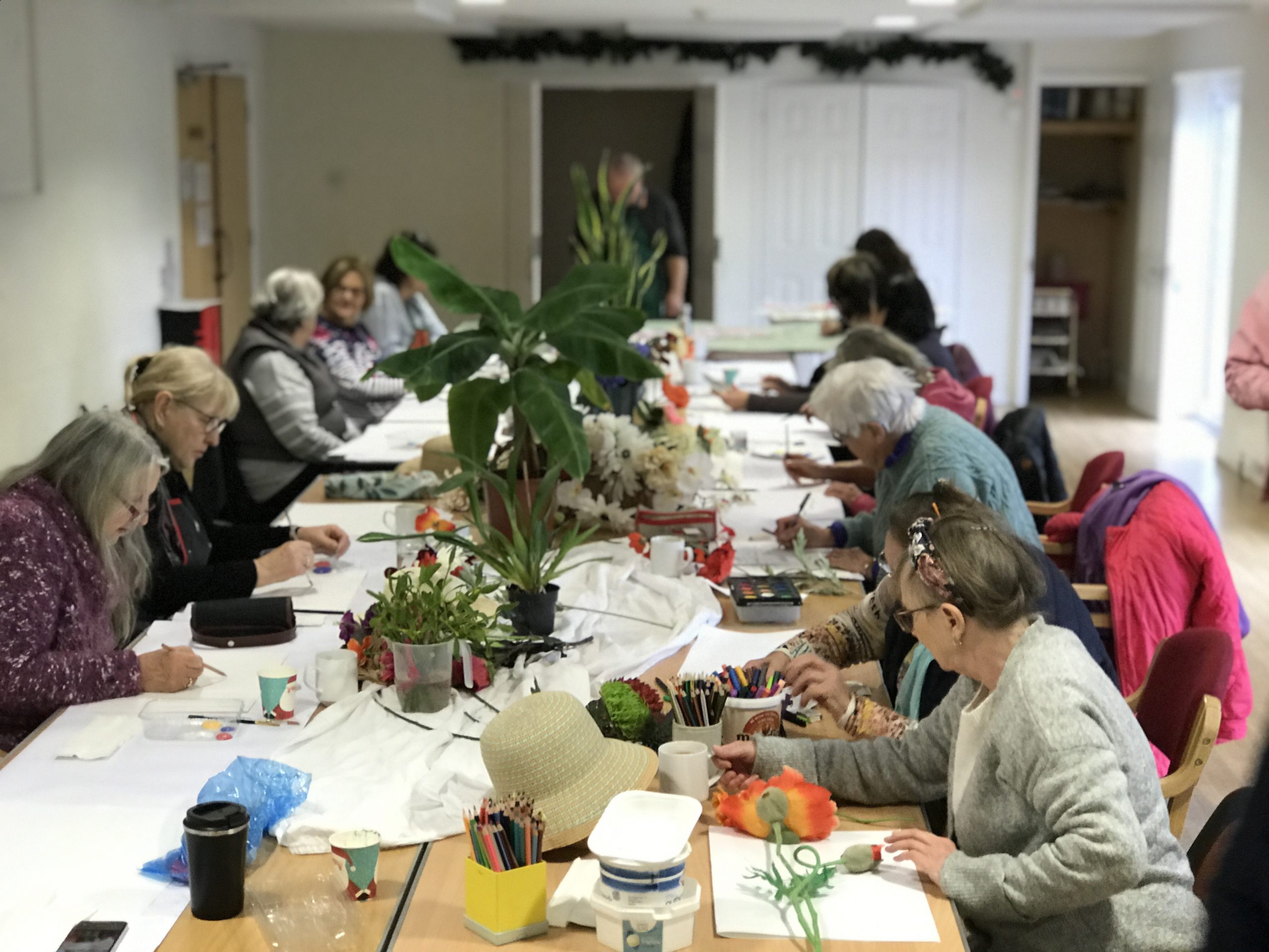 A group of elderly woman gathered around a long table getting creative drawing and painting the plants that are located in the middle of the table.